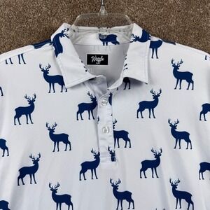 Waggle Mens XL Golf Polo Shirt White Navy Blue Buck Deer Performance Stretch
